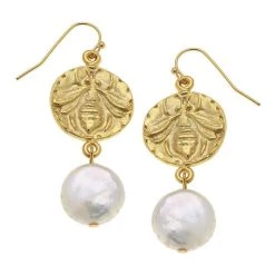 Susan Shaw Jewelry Susan Shaw Handcast Gold Bee And Freshwater Coin Pearl Earrings