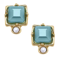 Susan Shaw Jewelry Handcast Gold, Genuine Freshwater Pearl & Teal Crystal CLIP Earrings