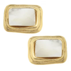 Susan Shaw Jewelry Handcast Gold Rectangle And Mother Of Pearl CLIP Earrings