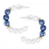 Susan Shaw Jewelry Genuine Pearl & Blue & White Porcelain Ball Hoop Earrings