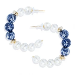 Susan Shaw Jewelry Genuine Pearl & Blue & White Porcelain Ball Hoop Earrings