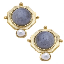Susan Shaw Jewelry Handcast Gold With Labradorite Quartz And Freshwater Pearl Earring