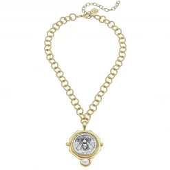Susan Shaw Jewelry Accessories Handcast Bee Coin Pendant With Freshwater Pearl On Chain Necklace