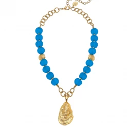 Susan Shaw Jewelry Handcast Gold Oyster On Turquoise Genuine Sea Glass Necklace