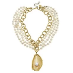 Susan Shaw Jewelry Pearl Necklace With Gold Oyster And Hand Set Freshwater Pearl