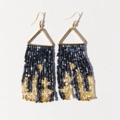 Ink + Alloy Blue Gold Iridescent Fringe On Triangle Hanger Earring 3.5"