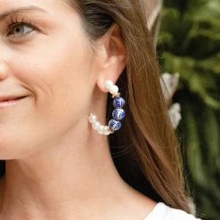 Susan Shaw Jewelry Genuine Pearl & Blue & White Porcelain Ball Hoop Earrings