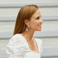 Susan Shaw Jewelry Genuine Pearl & Blue & White Porcelain Ball Hoop Earrings