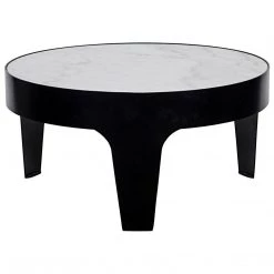 Noir Furniture Cylinder Round Coffee Table, Black Metal With Quartz Top
