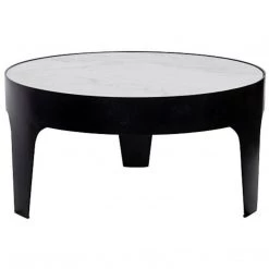 Noir Furniture Cylinder Round Coffee Table, Black Metal With Quartz Top