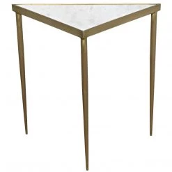 Noir Furniture Comet Triangle Side Table, Large, Stone, Metal With Brass Finish Accent Tables